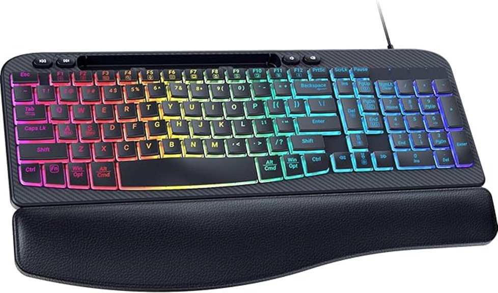 backlit ergonomic computer keyboard with wrist