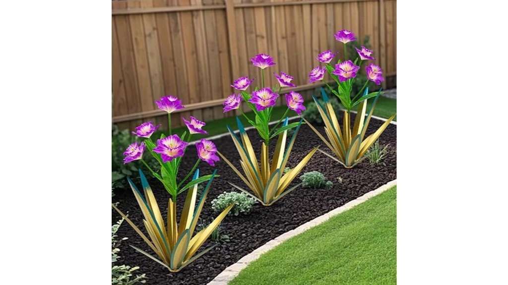 decorative metal agave with purple daffodils
