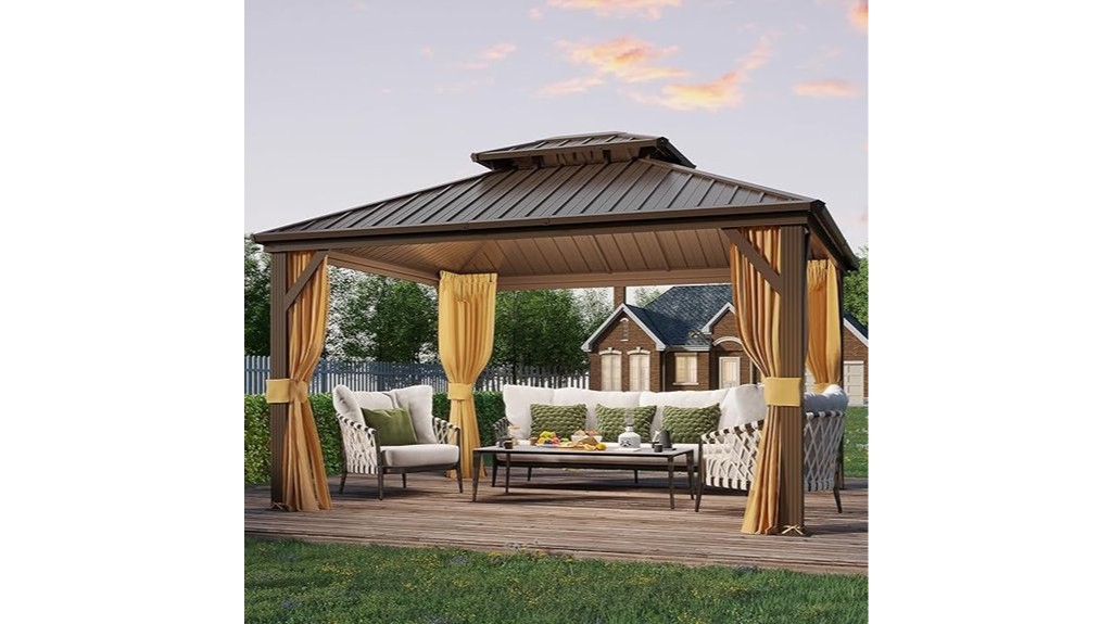 hardtop gazebo with curtains and netting