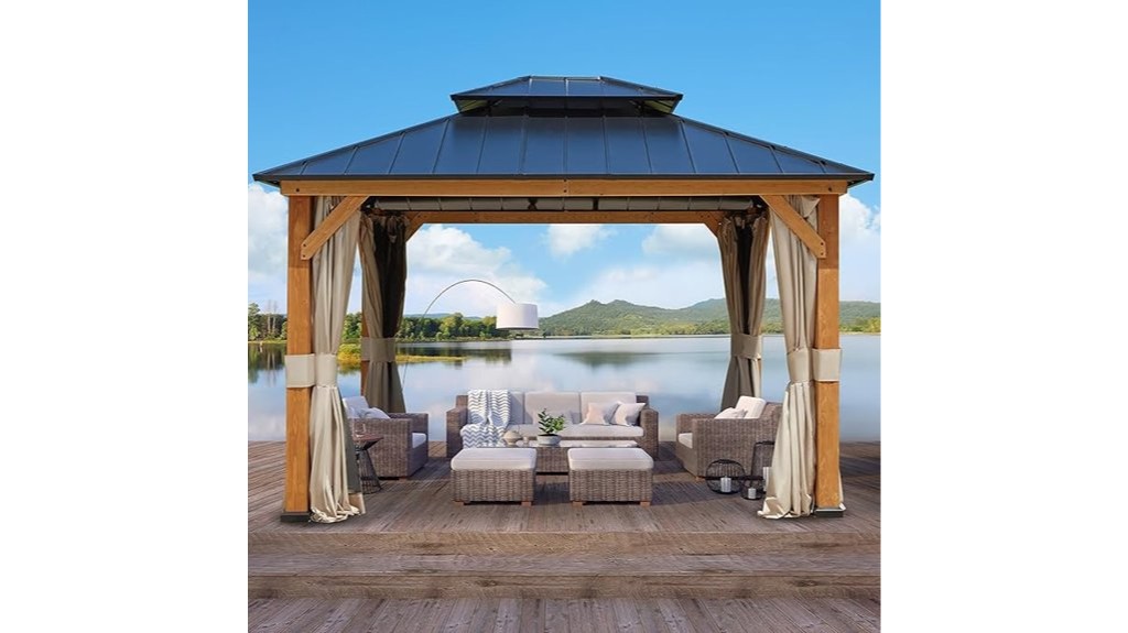 outdoor wooden gazebo with curtains