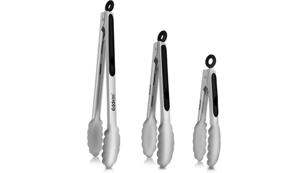 three sized stainless steel tongs