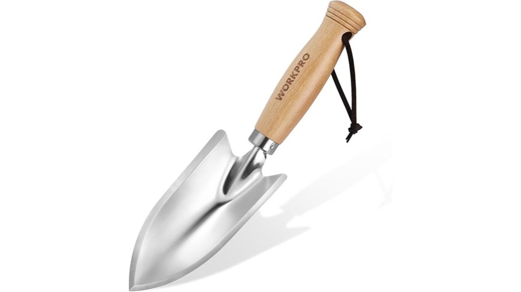 wooden handled garden hand trowel