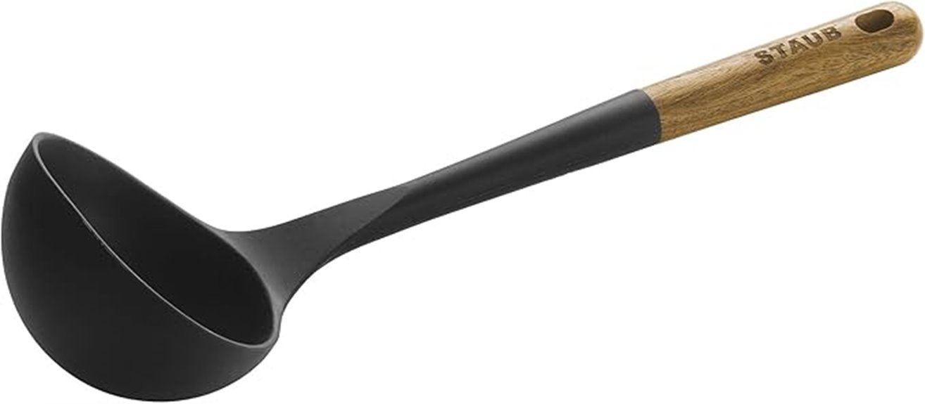 wooden handled stainless steel soup ladle
