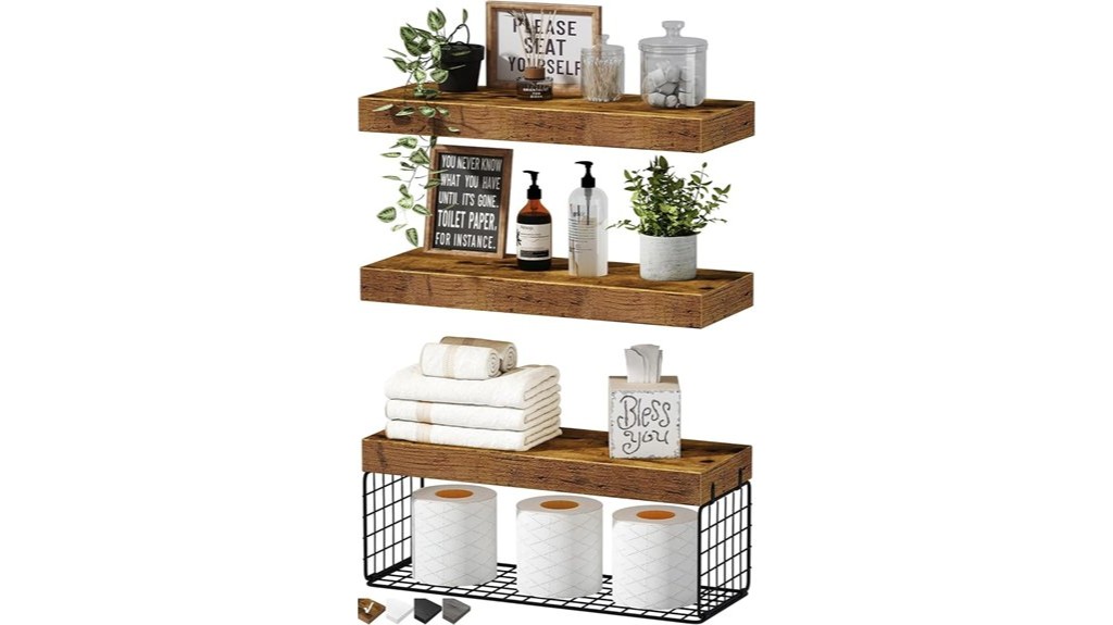 rustic brown bathroom shelves trio