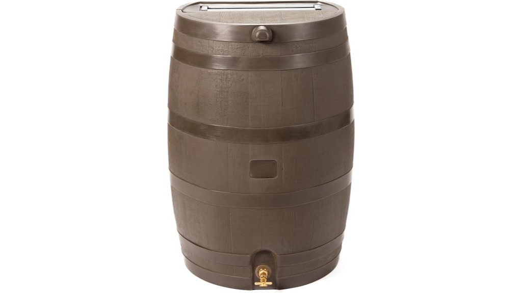 walnut colored 50 gallon rain collection barrel