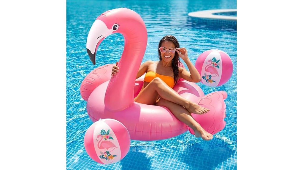 flamingo float with beachballs