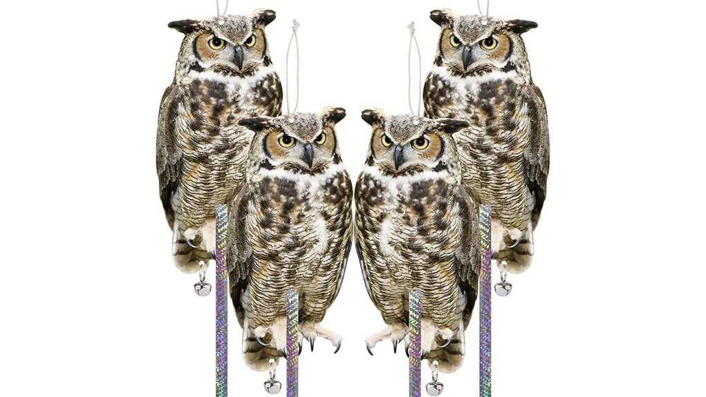 four plastic owls taped