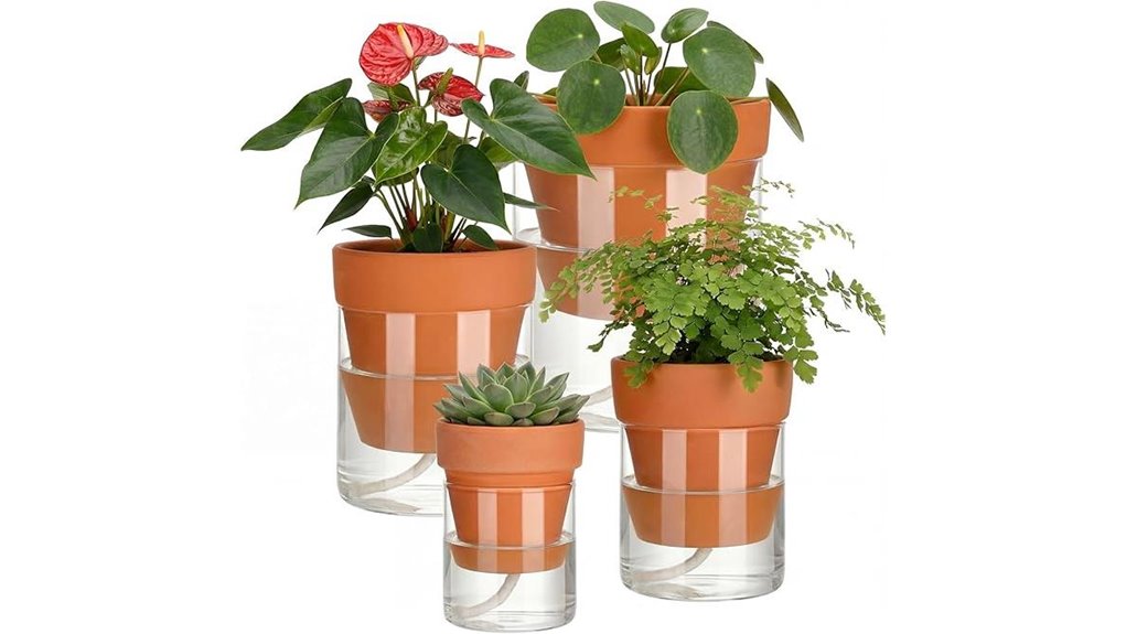 four terracotta self watering planters