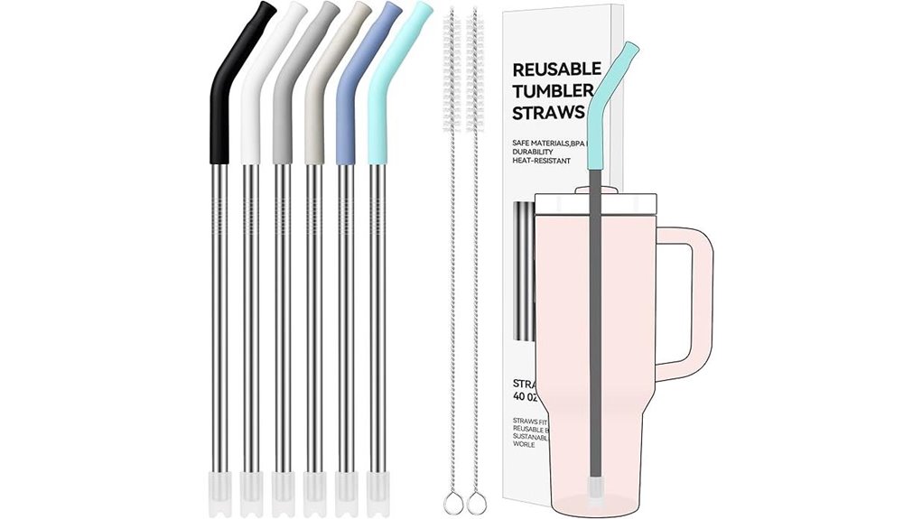 six stainless straws silicone tipped