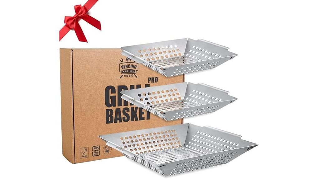 three stainless grill baskets