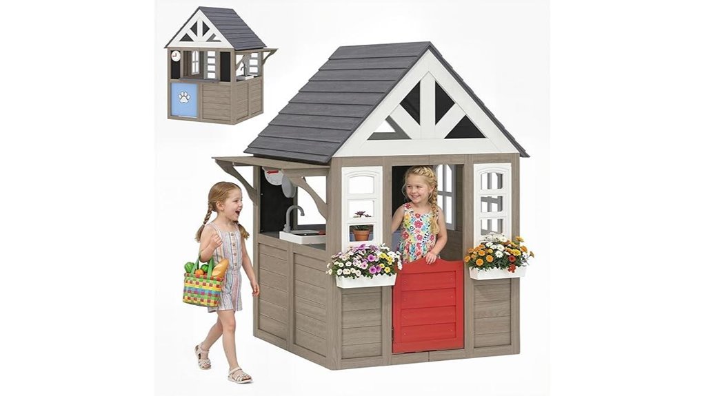 wooden playhouse dog door flower box